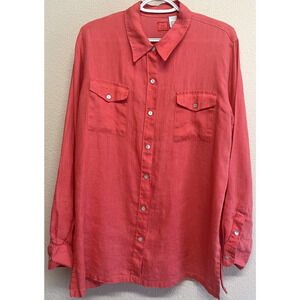 Lino by Chico's Long Sleeve Button Down Shirt 100% Linen Size 2/L in Coral